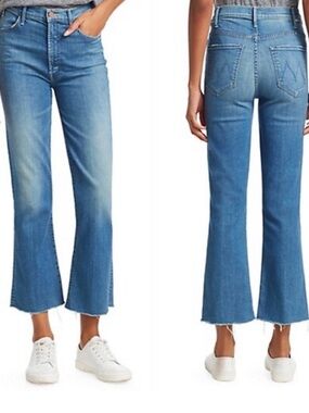 MOTHER The Hustler Ankle Fray Jeans Wishful Drinking Blue Denim Crop Flare 24